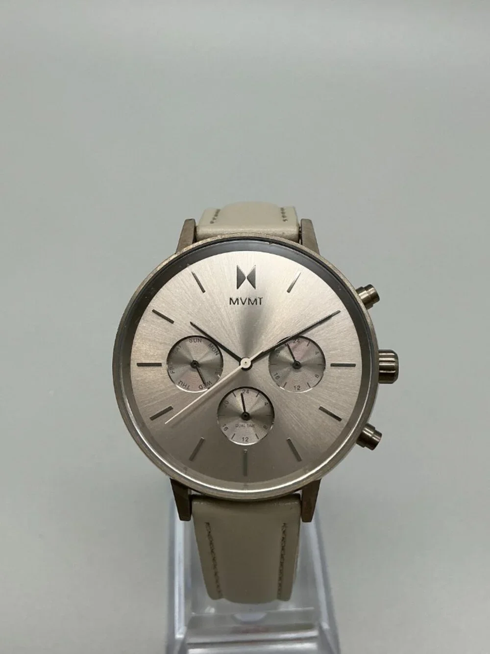 MVMT Nova Lyra Womens Watch 38mm Silver Tone Day Date Leather Band New Battery